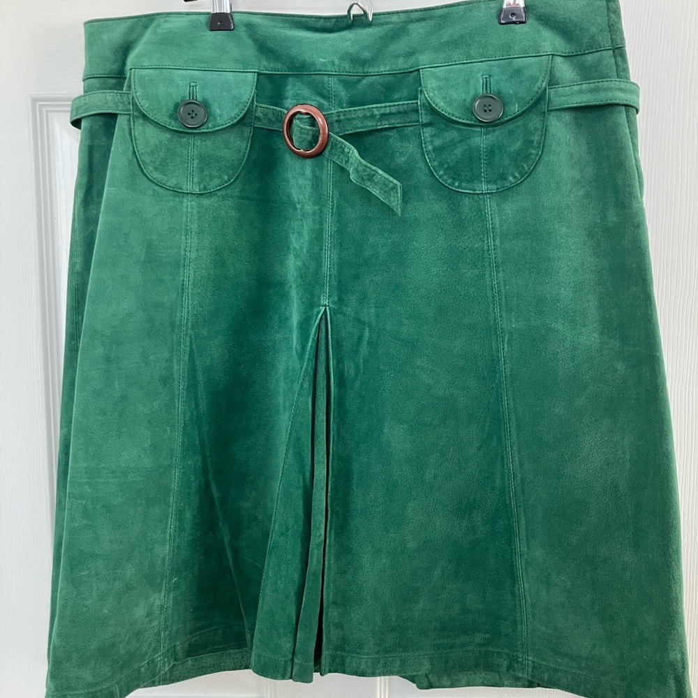 Vintage Y2K Vero Moda real suede bright green lined belted midi skirt
